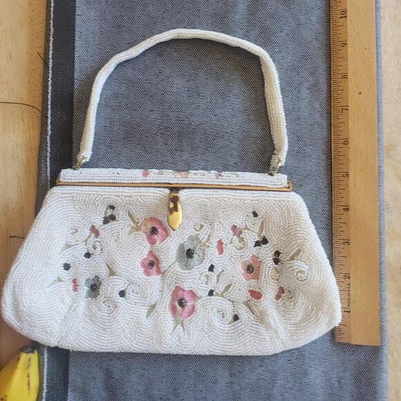 "Bag by Josef" Hand Made Vintage Handbag, from Belgium, White and Floral Beads - Picture 6 of 8